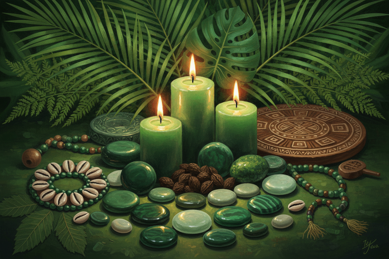 IFA YORUBA RELIGION WITH CANDLES WITH GREEN COLOR AND STONES